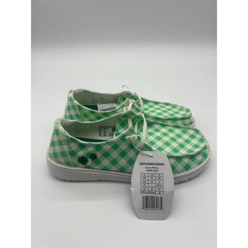Hey Dude Wendy Shamrock Gingham Green White Slip On Loafers 43946-3ZW Womens 9